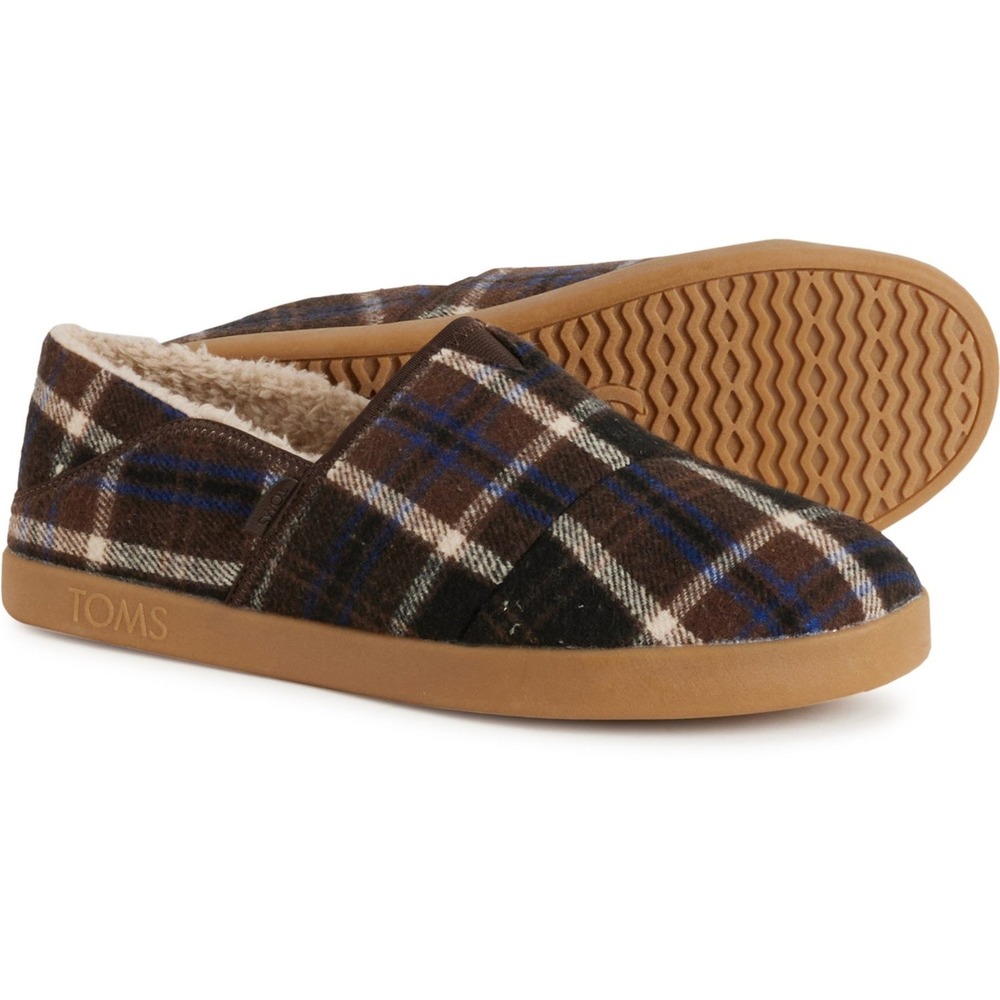 TOMS Mens CAMDEN Plaid Slippers Brown Blue Faux Shearling Loafers Size 9
